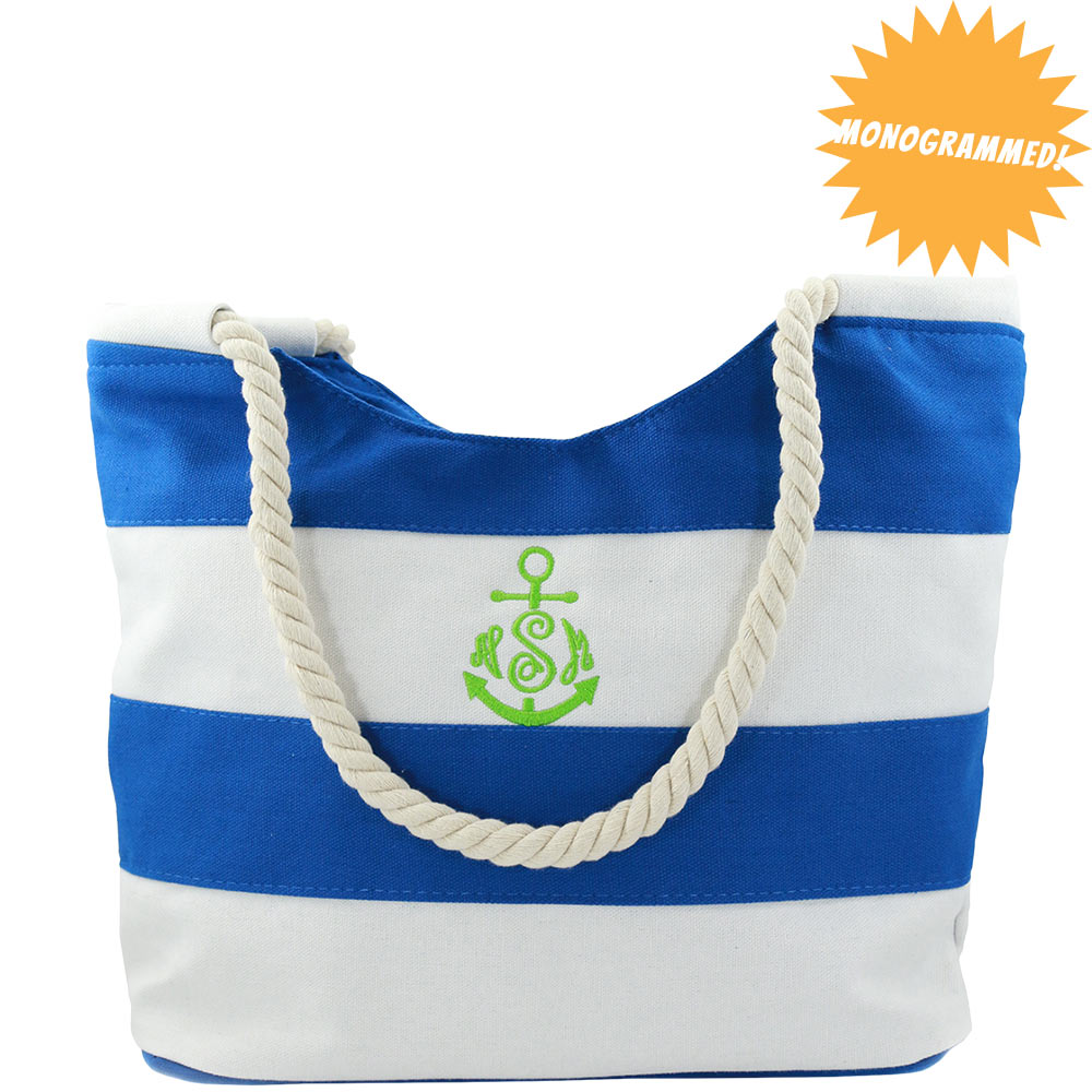 Wide Stripe Blue Canvas Monogrammed Beach Bag - Personalized